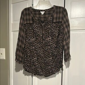 Intro. Mixed Print Black and Brown Leopard and Plaid Blouse